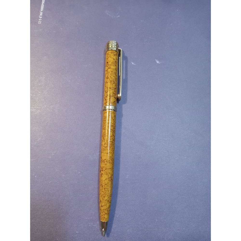 Yellow Marbled Resin Ballpoint Pen woodtTone Hardware Swirl Finial Accentne